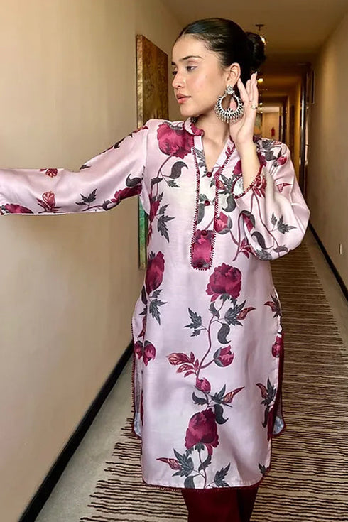 Saira Red And Rosegold Floral Pakistani Kurta Set